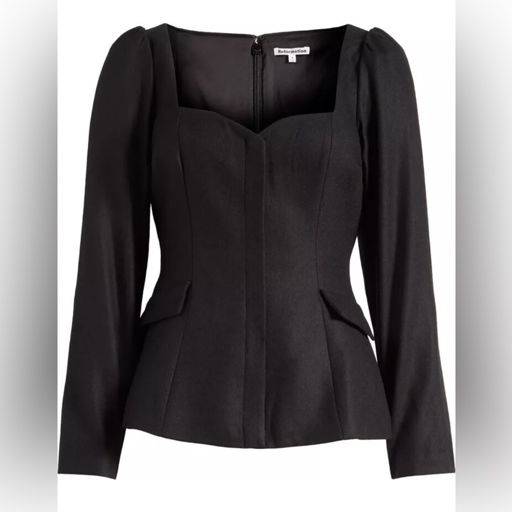 Reformation Black Sweetheart Square-Neck Puff Sleeve Blouse